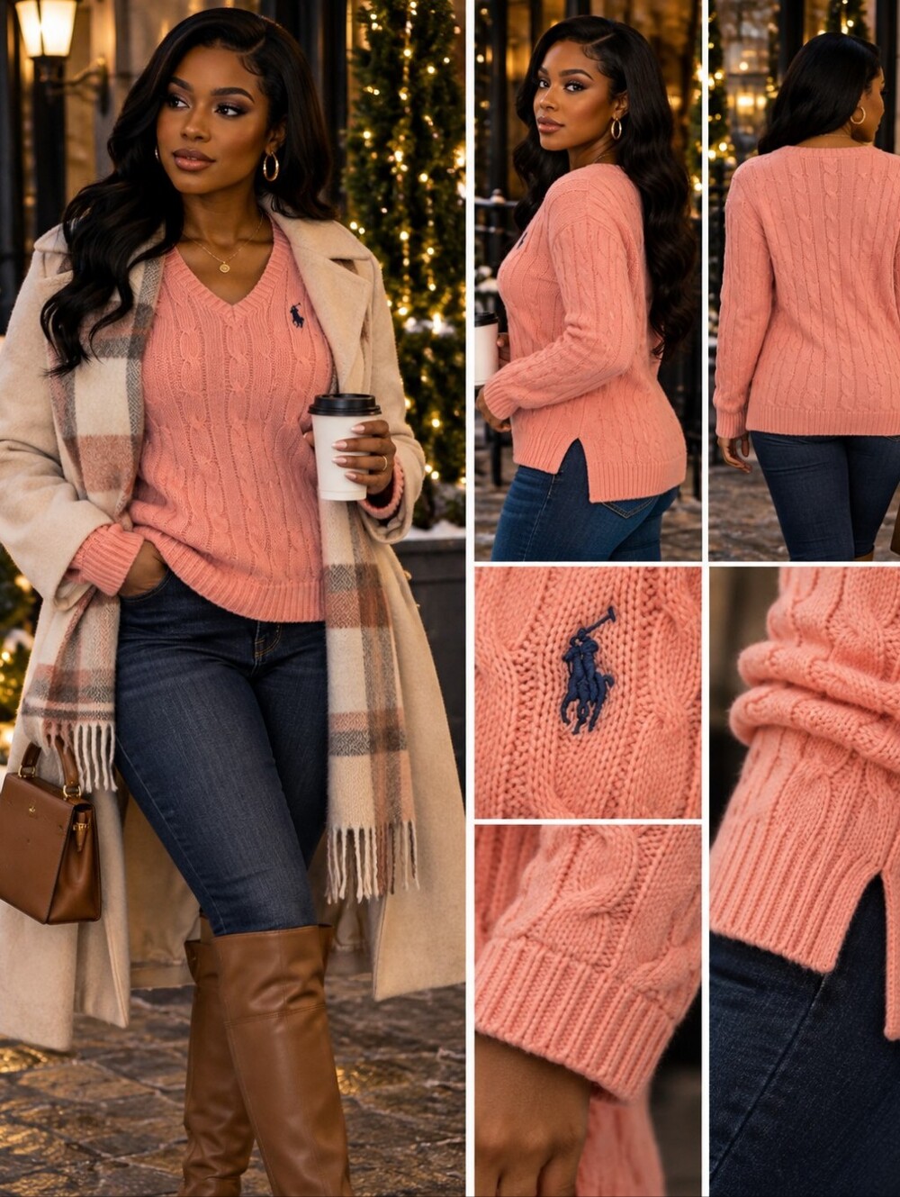 Polo by Ralph Lauren Unisex Coral Pink Cable-Knit V-Neck Sweater